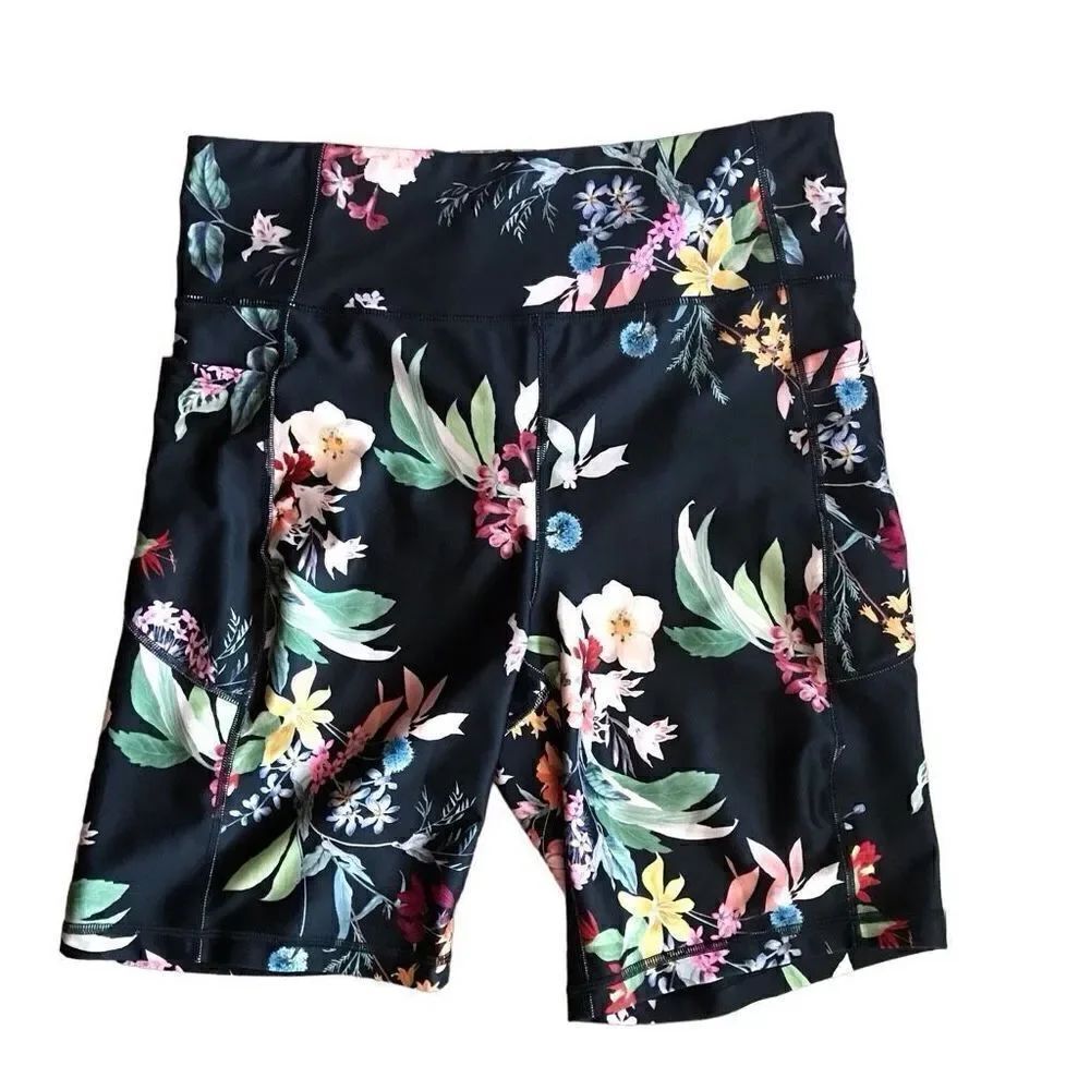 Tahari Sport athletic walking training shorts stretch black floral